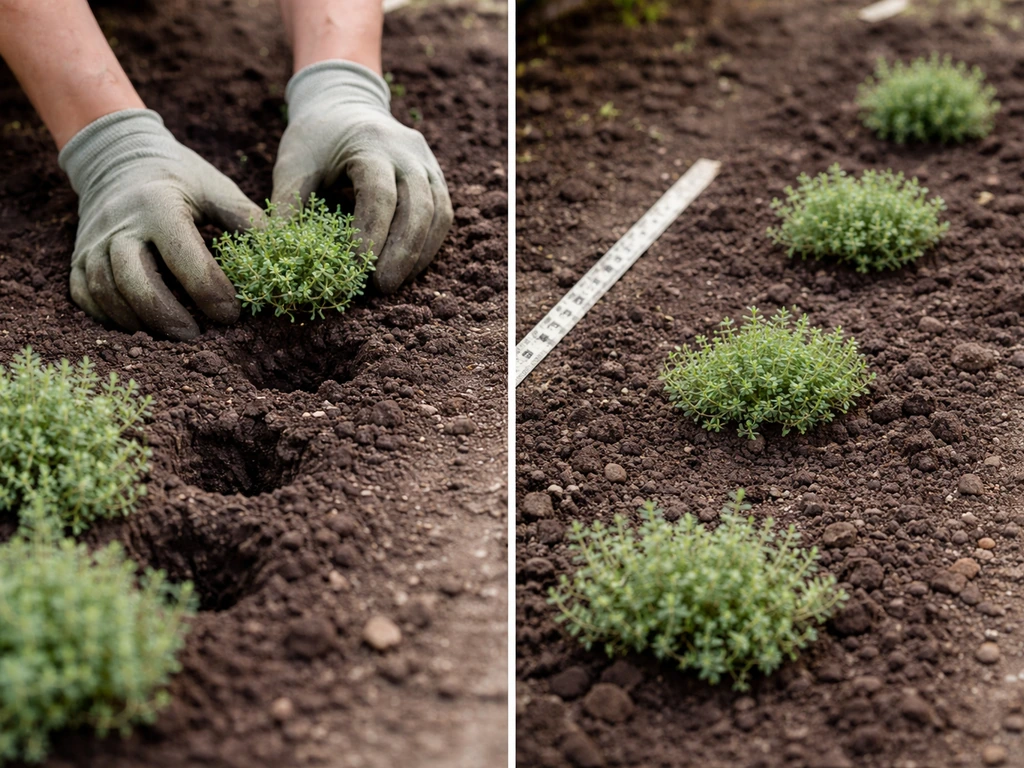 Handen die kruiptijmplantjes met juiste tussenruimte in de grond zetten in een tuinborder.
