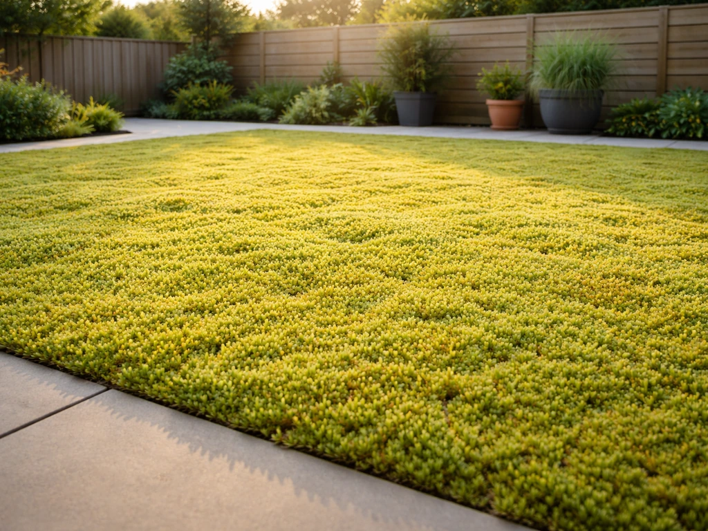 Brede tuin met een dichte sedummat die een grasveld vervangt, onder zonlicht en met rustige achtergrond.