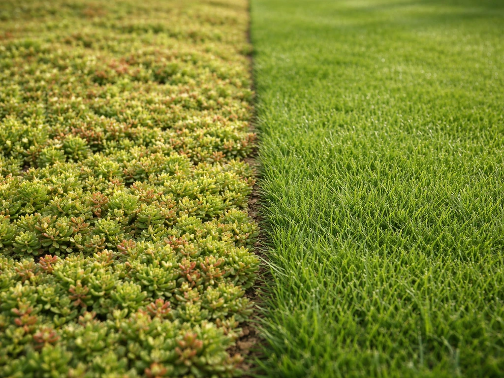 Dichte sedummat naast een grasstrook, zichtbaar met weinig groeihoogte en geen maaibeeld.