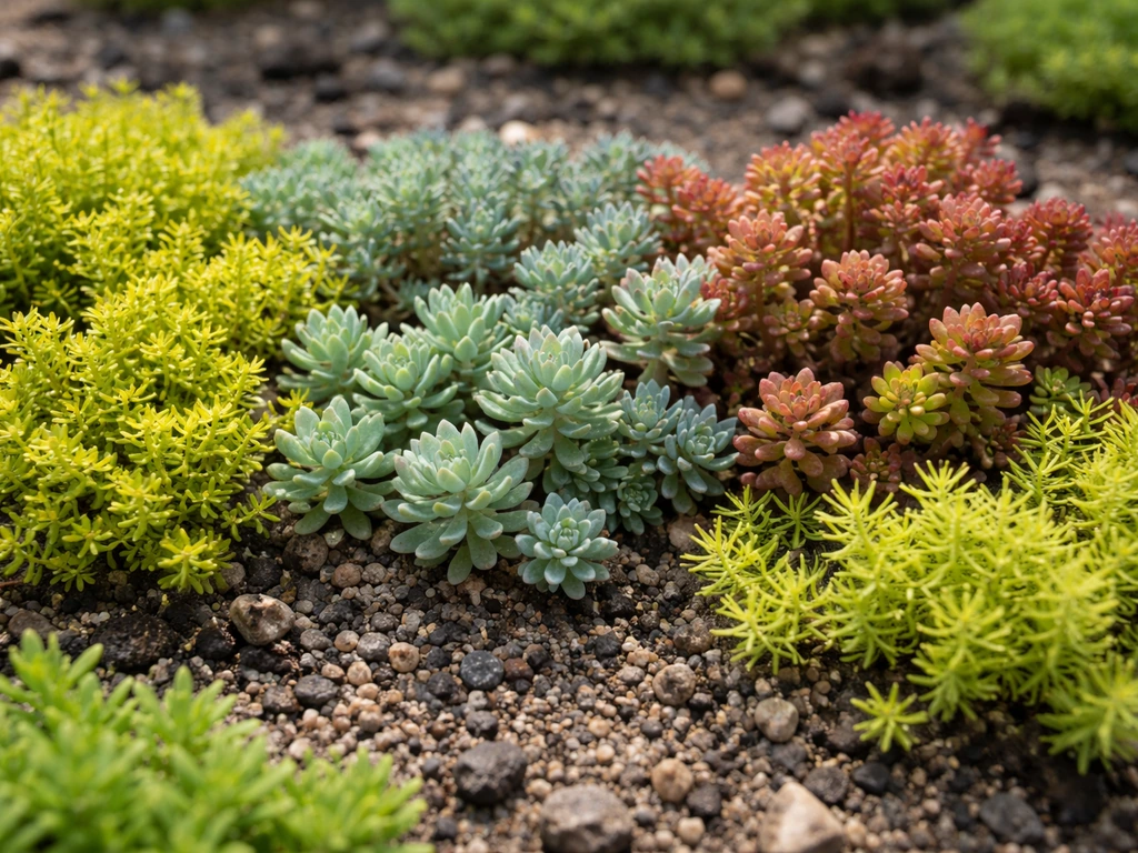 Close-up van verschillende sedumsoorten in de tuin, met variatie in bladkleur en hoogte als bodembedekker