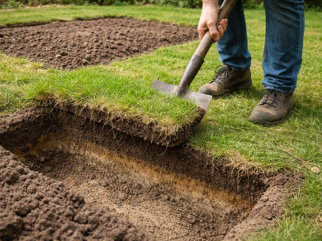 Tuinier steekt graszode los; uitgegraven bodem is zichtbaar en klaar voor sedum.