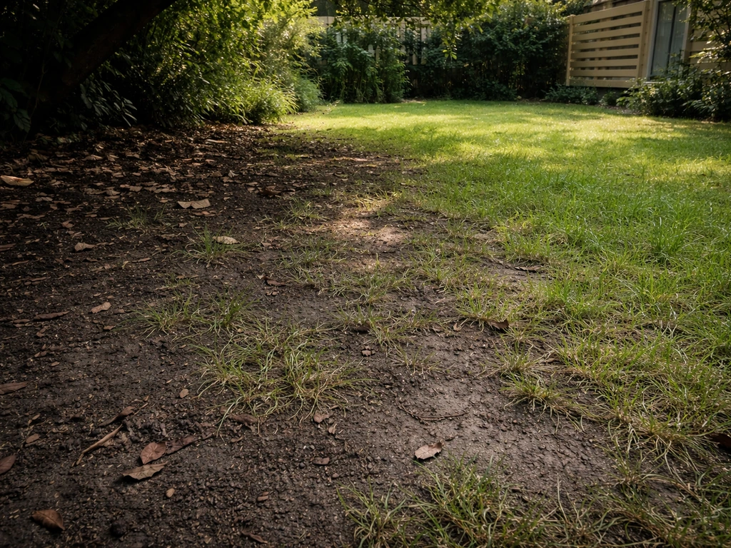 Schaduwrijke achtertuin met kale, verdichte plekken en ongelijk groeiend gras onder een boomkroon.