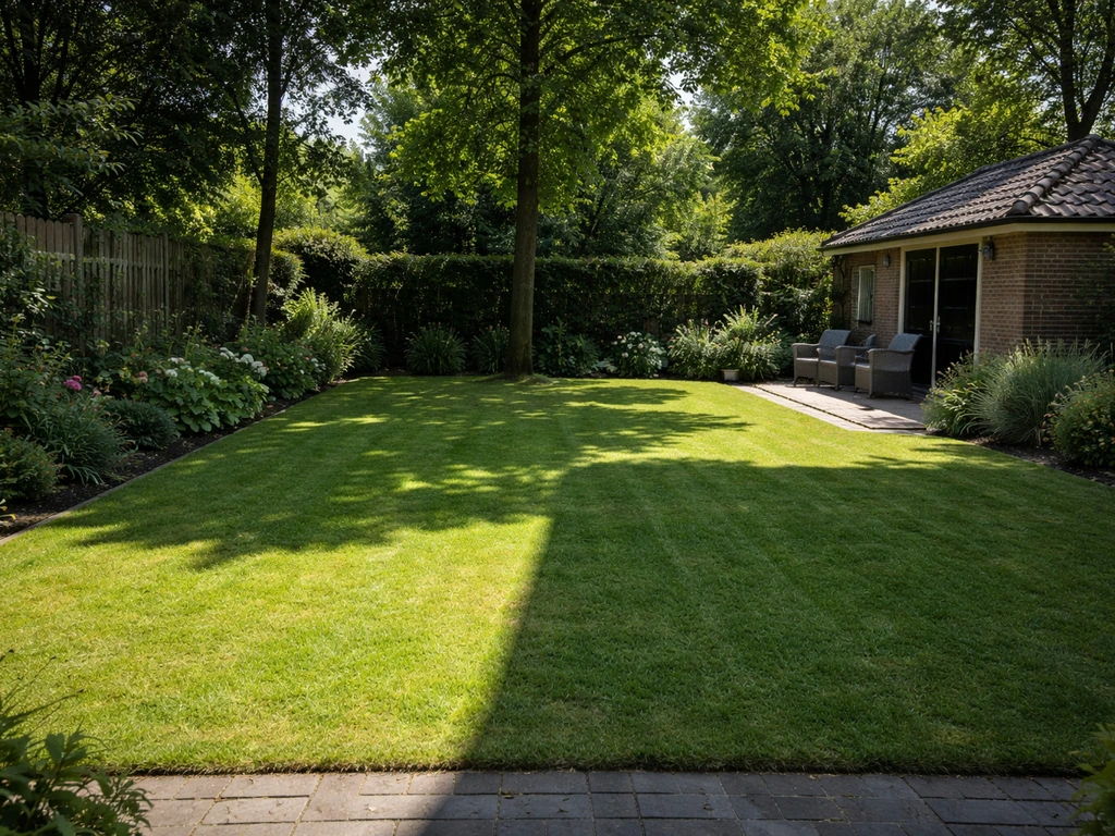 Tuin met duidelijke schaduwzone door bomen en bijgebouw, overgang tussen zon en schaduw op gras