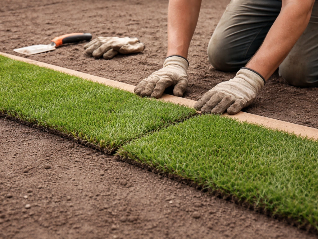 Hand legt een eerste strook graszoden langs een rechte lijn, met zicht op naden tussen de zoden
