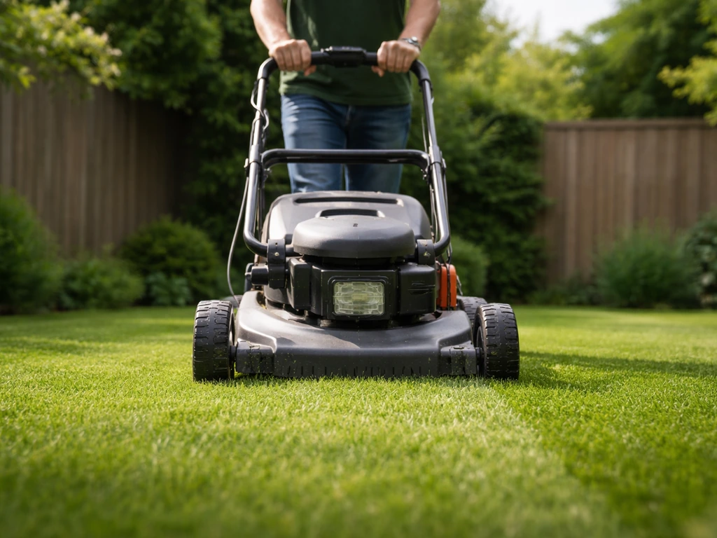 Handen bij grasmaaier op gezond gazon met zichtbaar gras van 4–7 cm, net gemaaid in achtertuin.