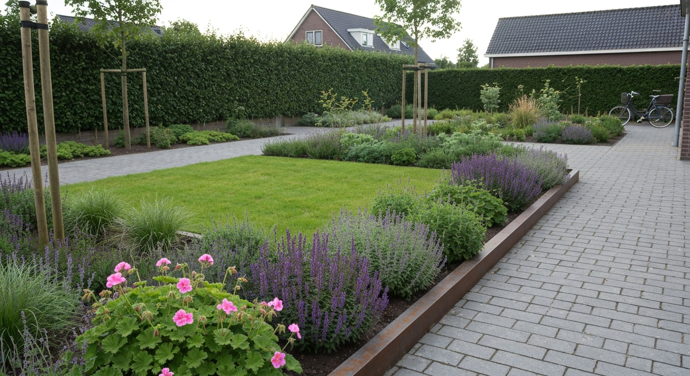 Voortuin met gras en borders: ontwerp, aanleg en onderhoud