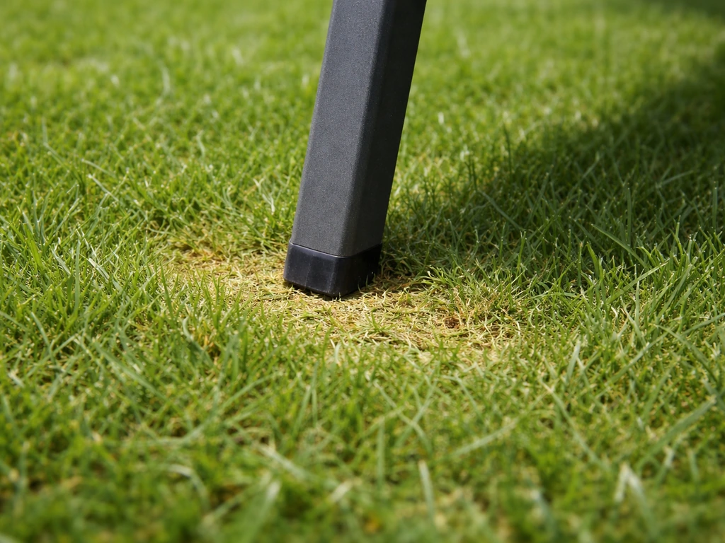 Close-up van tuinstoelpoot op gras met platgedrukte plek en gele beschadiging ernaast.