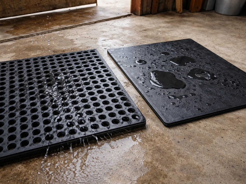 Close-up van twee matten: waterdoorlaatbare noppenmat met water dat doorloopt, naast dichte mat waar water blijft liggen