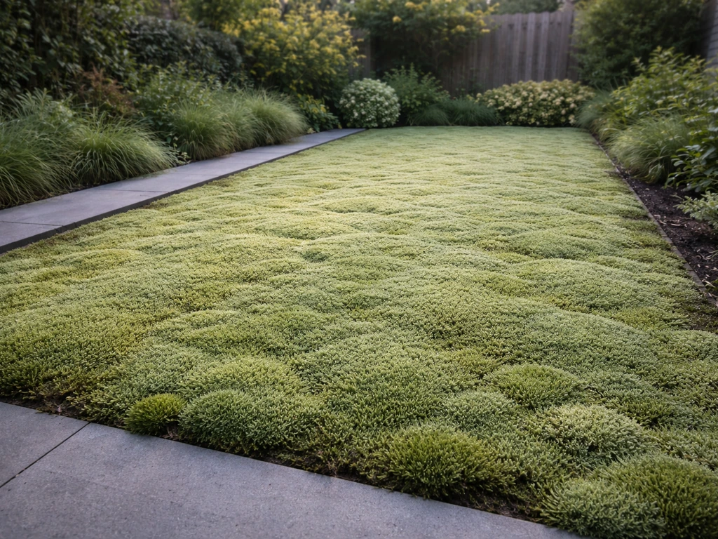 Strak mosveld in een Nederlandse tuin als alternatief voor gras, met zichtbare mosstructuur en schaduwranden.