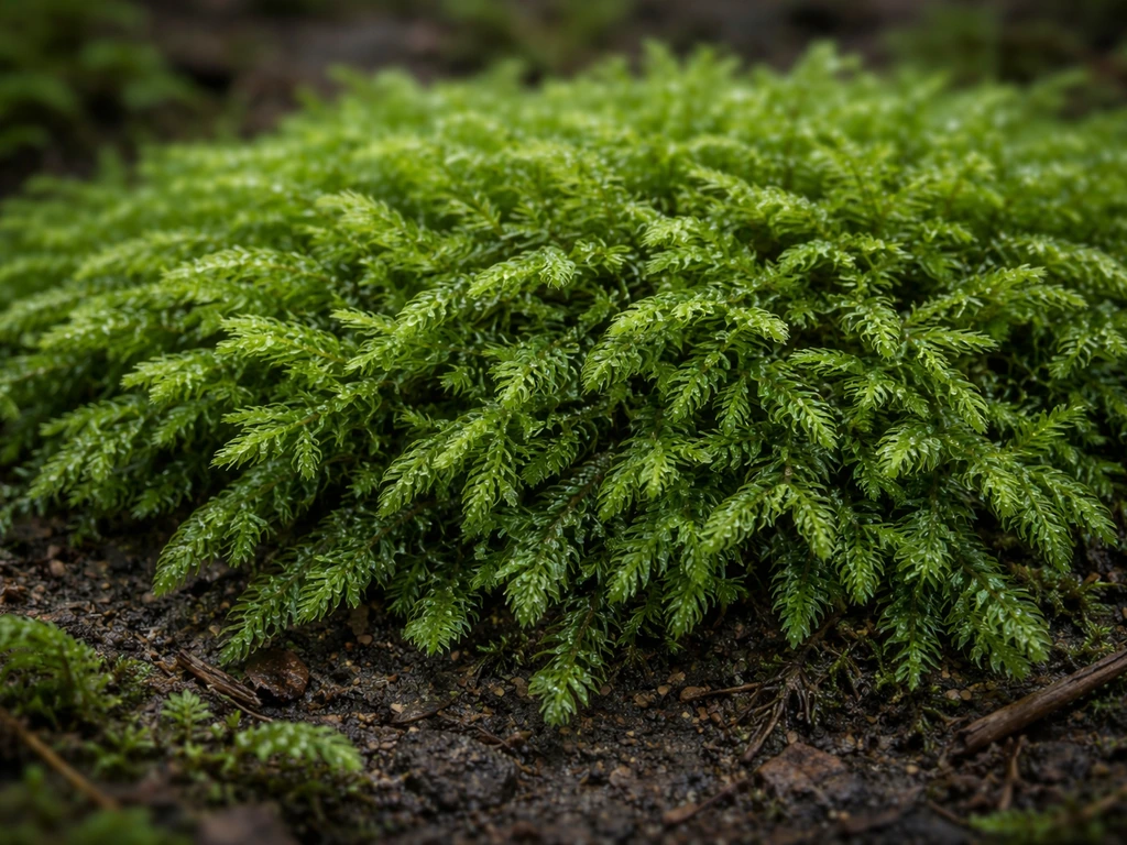 Gesnaveld klauwtjesmos (Hypnum cupressiforme) als dichte groene mat op vochtige bodem/substraat