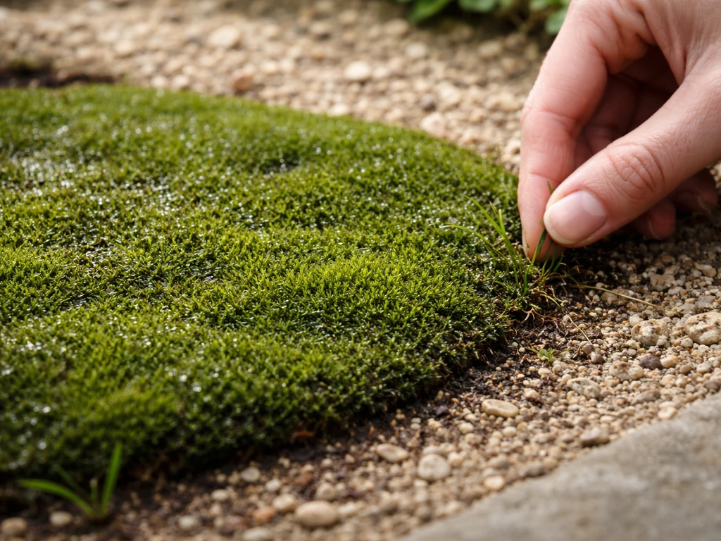 Vochtig groen mosveld in de tuin na regen, met enkele voorzichtig weggehaalde grassprieten.