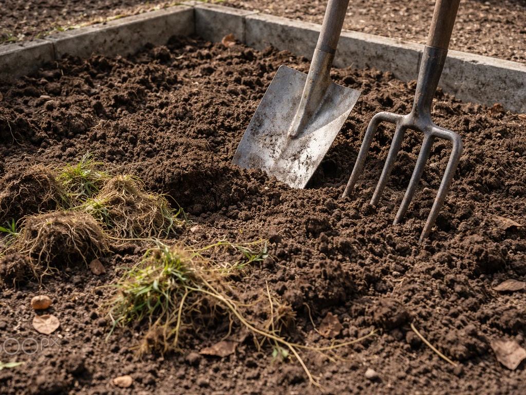 Handschep en woelvork in omgespitte grond met zichtbaar onkruidwortels, klaar voor aanleg van tuin zonder gras.