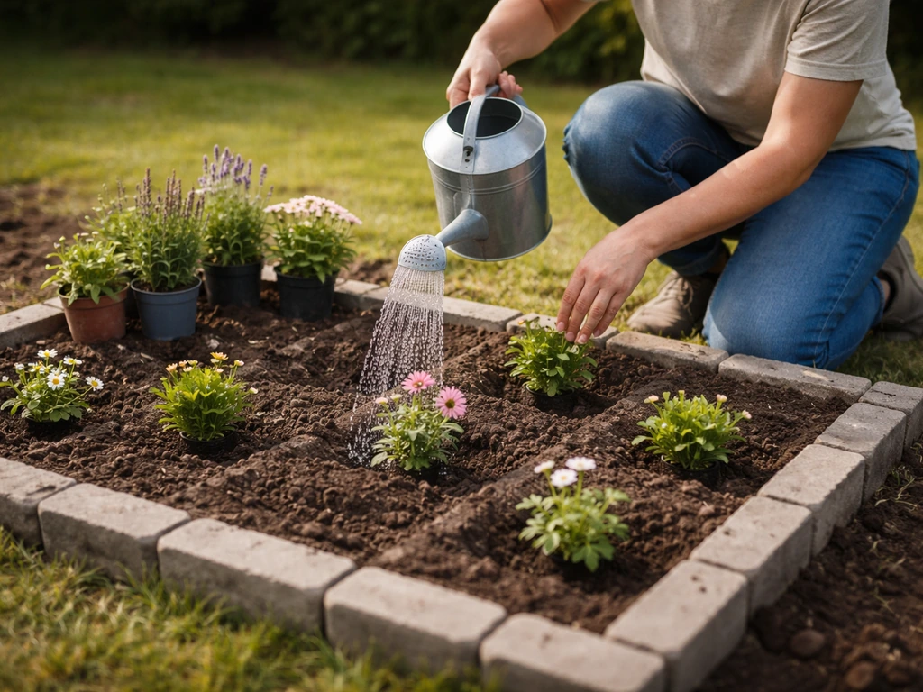 Persoon plant bloemen in afgebakende vakken en geeft water met een gieter in een tuin