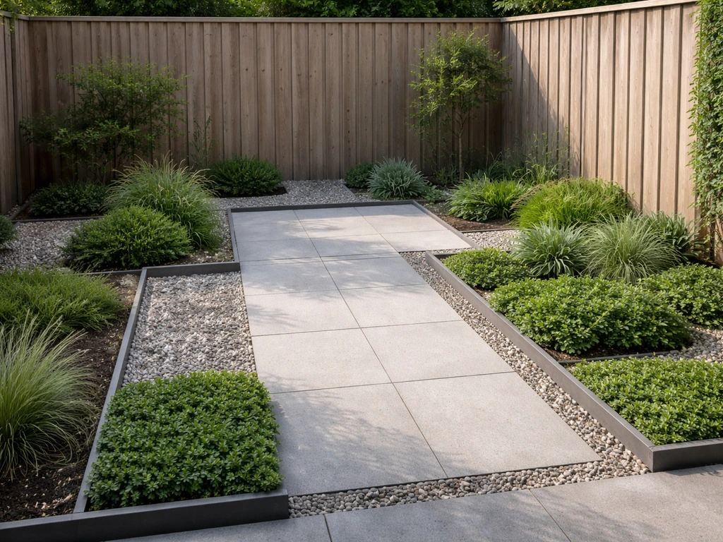 Kleine onderhoudsarme tuin zonder gras met waterdoorlatende tegels, grind en strakke randen.