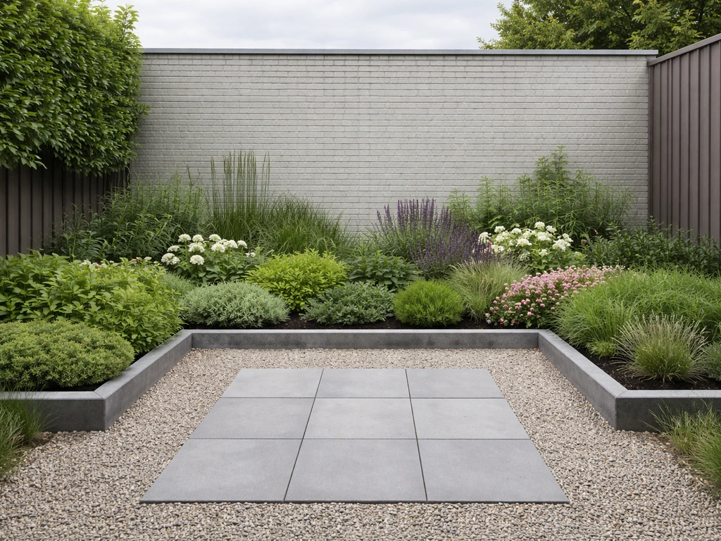 Compacte grasvrije tuinindeling met drie zones: verhard pad, plantvak met bodembedekkers en randafboording.