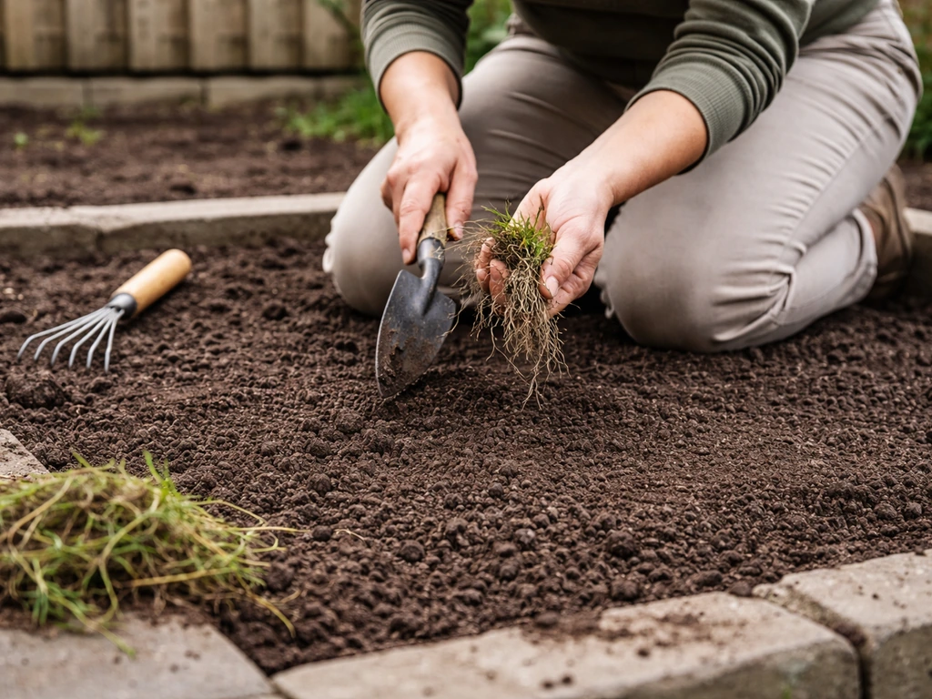 Tuinier die onkruidwortels uit de grond trekt en een plantvak strak egaliseert voor verdere aanleg
