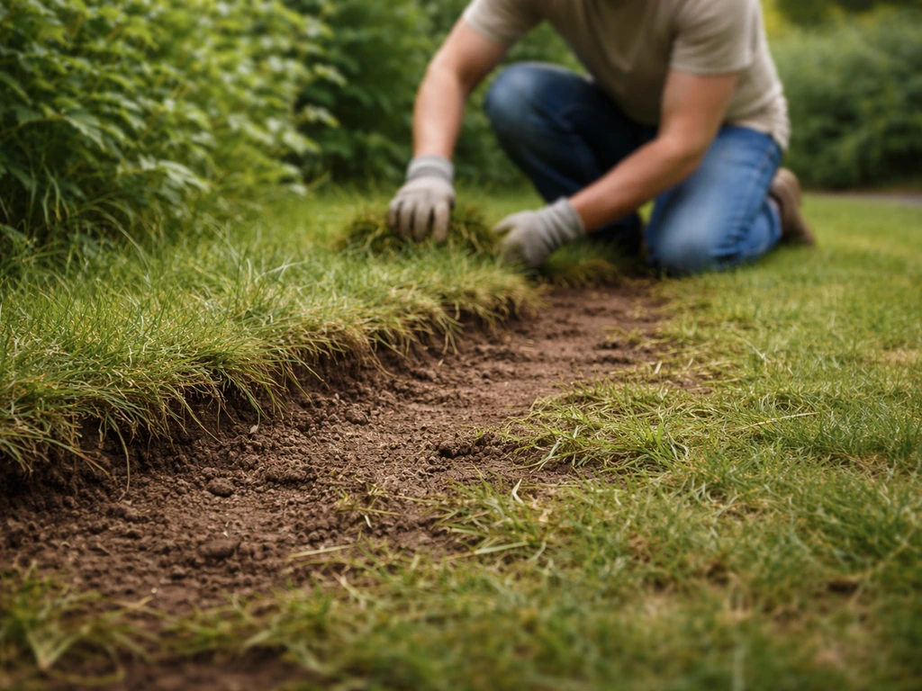 Knieënd bezig met het verwijderen van graspollen, zodat de grasvrije ondergrond zichtbaar wordt in de tuin.