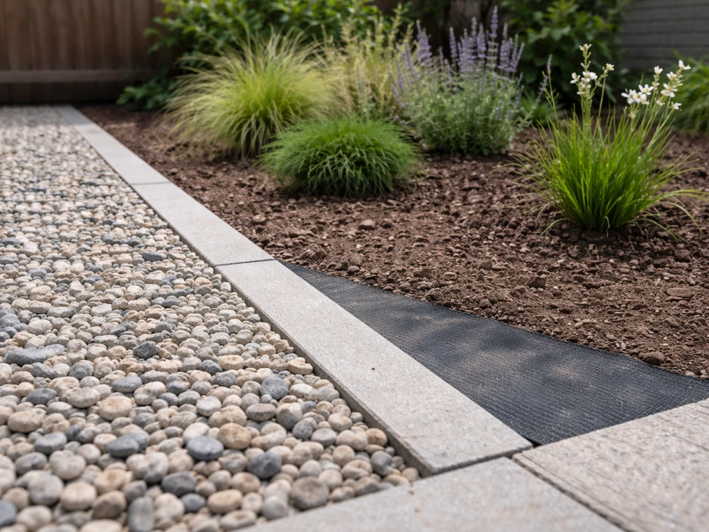 Grind met zichtbaar worteldoek naast een plantvak zonder worteldoek, nette tuinafwerking, natuurlijke belichting.