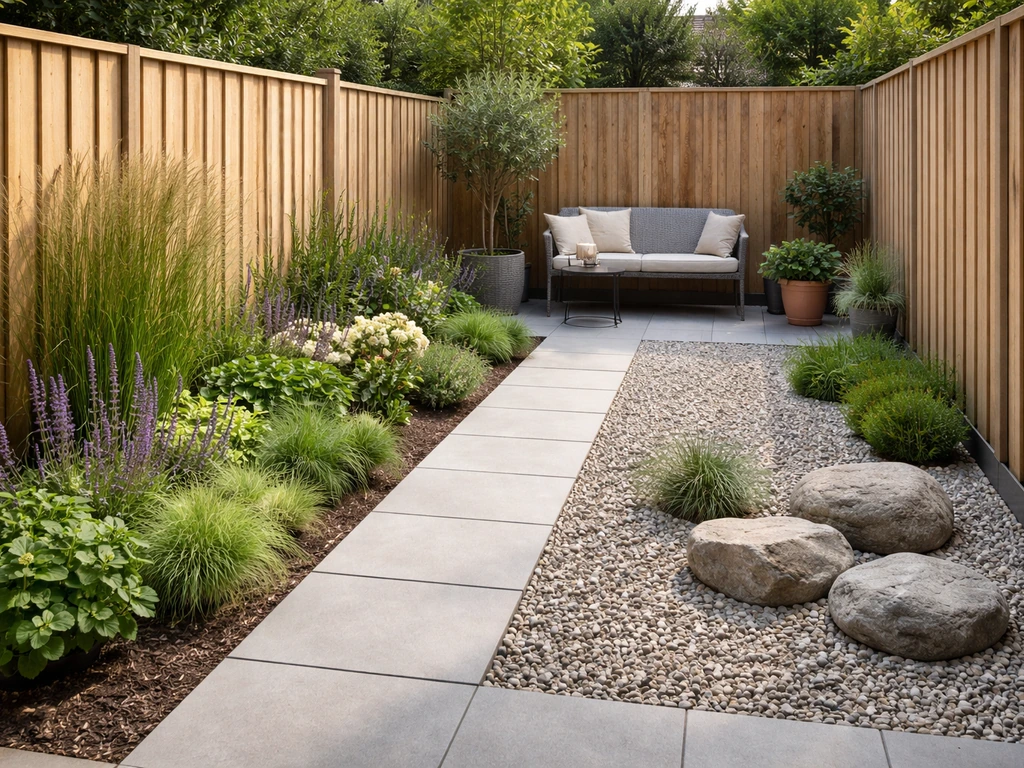 Compacte kleine tuin met border, grindvak en smal verhard looppad, zonder gras voor ruimtewinst.