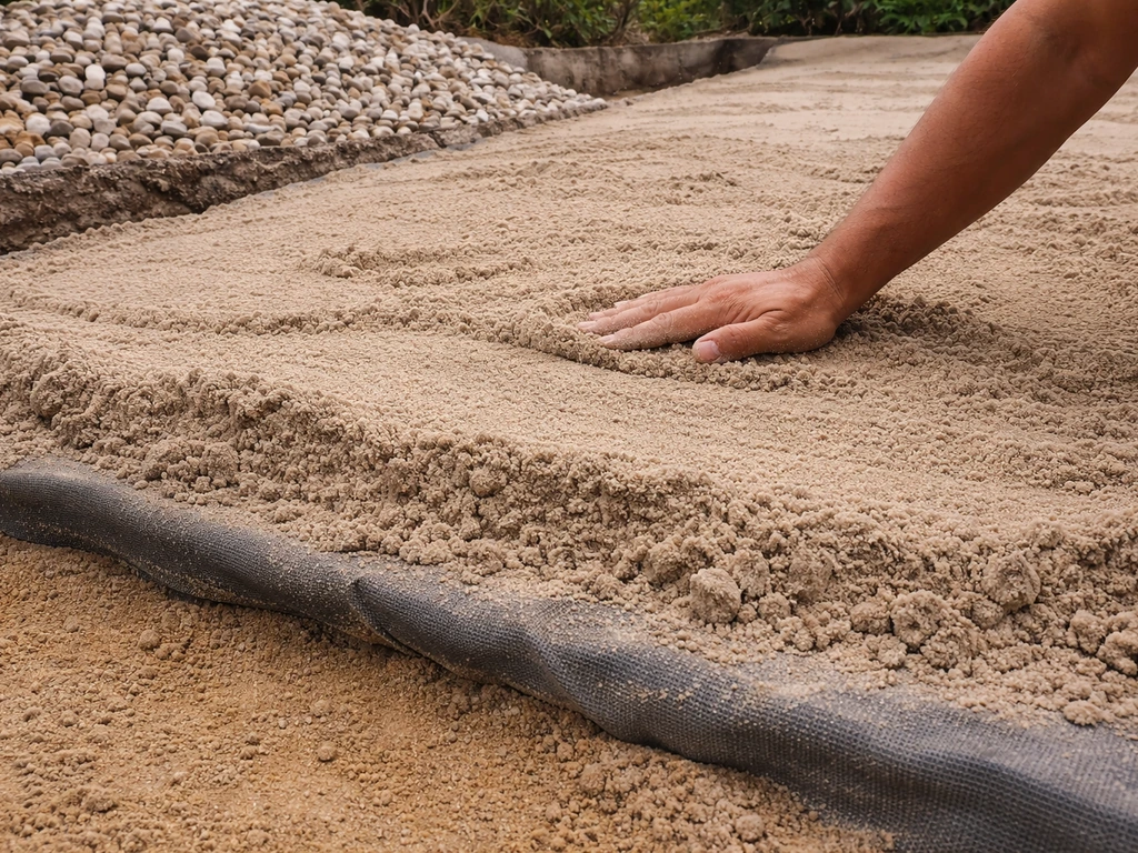 Close-up van tuinlaag-opbouw: geegaliseerd zand met zichtbaar werkdoek en grind, tijdens aanleg