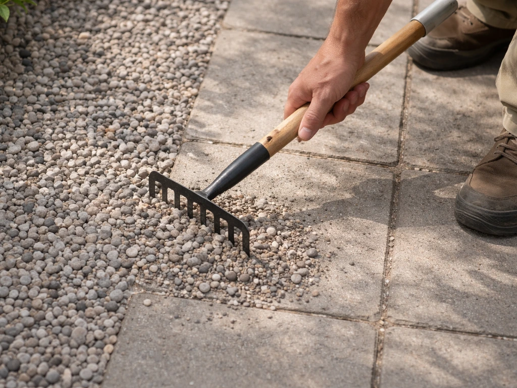Iemand harkt siergrind bij om onkruid te voorkomen, met schoon gruispad en open voegen zichtbaar.