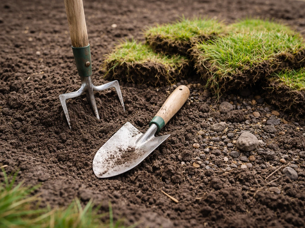 Close-up van schoffel en schop naast afgestoken graszoden en puin op voorbereide tuinbodem.