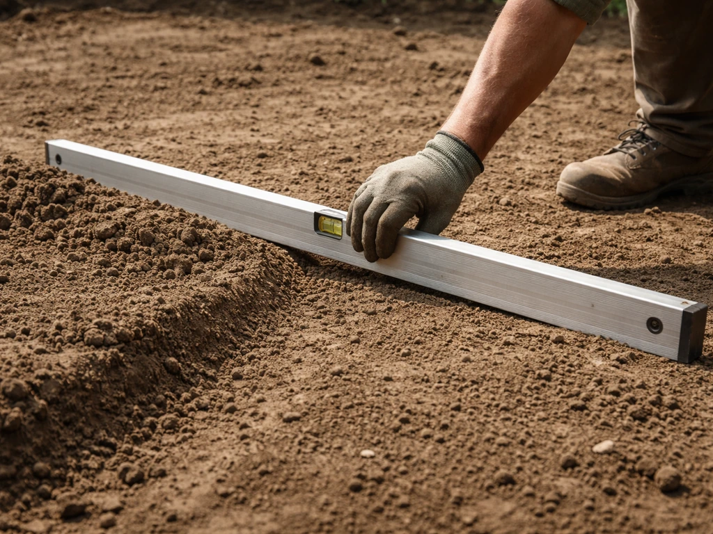 Hand met waterpas op aarde in tuin; hoogteverschillen zichtbaar en worden bijgesteld voor afwatering.