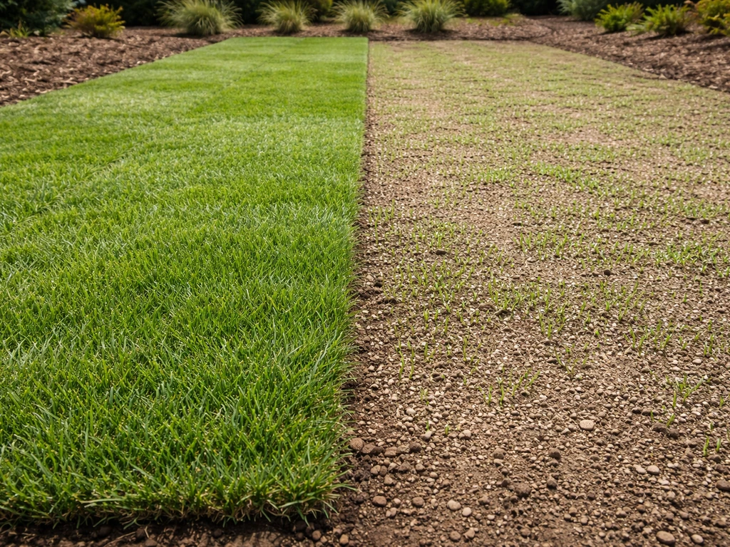 Twee aangrenzende tuinstroken: links net gelegde graszoden, rechts ingezaaid gras met zichtbaar zaadbed.