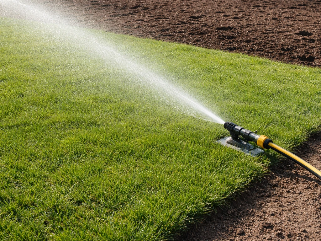 Vers aangelegd gazon krijgt water van een sproeier/beregeningsslang, met lichte, gelijke groei op de achtergrond.