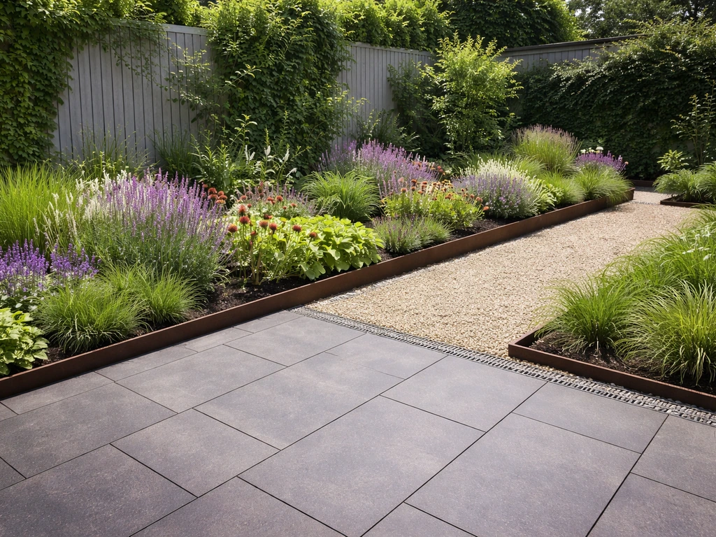Moderne onderhoudsarme tuin zonder gras met strak terras, grind, beplantingsrand en seizoenskleurige bloemen