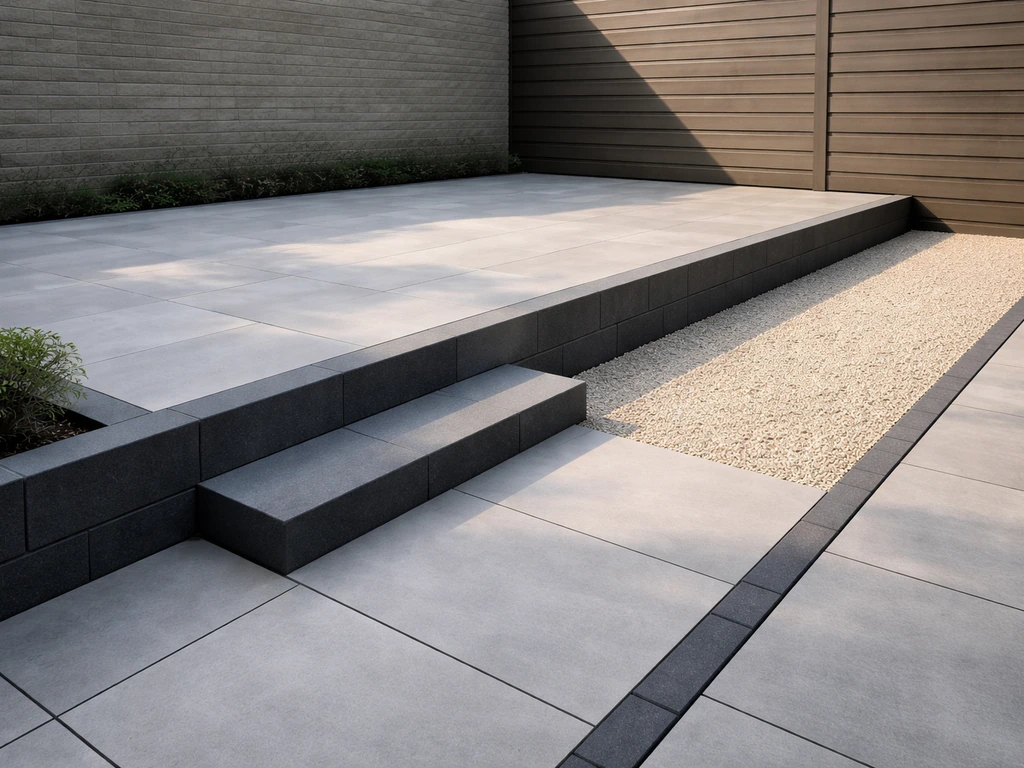 Tuin met strak grindpad, afgebakende bestratingsvlakken en zichtbaar niveauverschil met lage opsluiting.