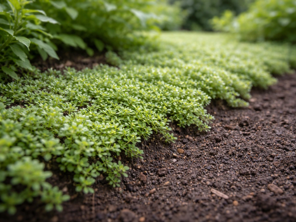 Detail van grasvrije bodembedekkers die dicht op de bodem groeien langs de rand van beplanting