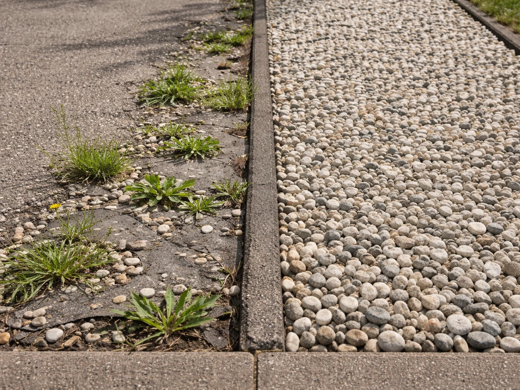 Links dun grind en onkruid dat door anti-worteldoek groeit; rechts dik grind met goed afdekkend doek.