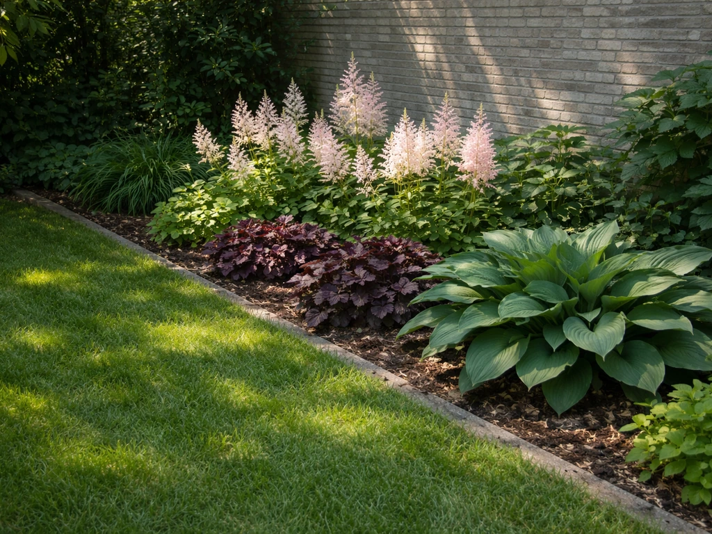Schaduwgras naast een border met schaduwvaste planten (Astilbe/Heuchera/Hosta) in een Nederlandse tuin