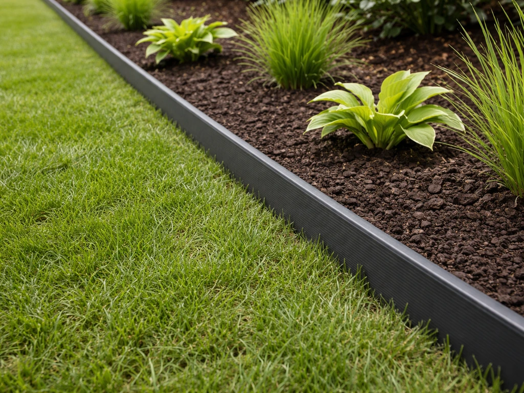 Close-up van een gazonrand met borderkant en jonge planten netjes naast de afscheiding