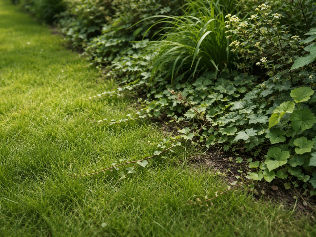 Overwoekerde tuinrand die het gras in groeit, met duidelijke overgang tussen border en gazon.