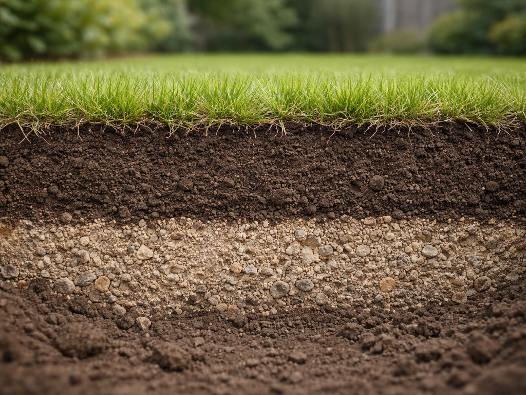 Dwarsdoorsnede van gestapelde tuinlagen voor gazon: grof zand, teelaarde/compost en nette graswortelzone