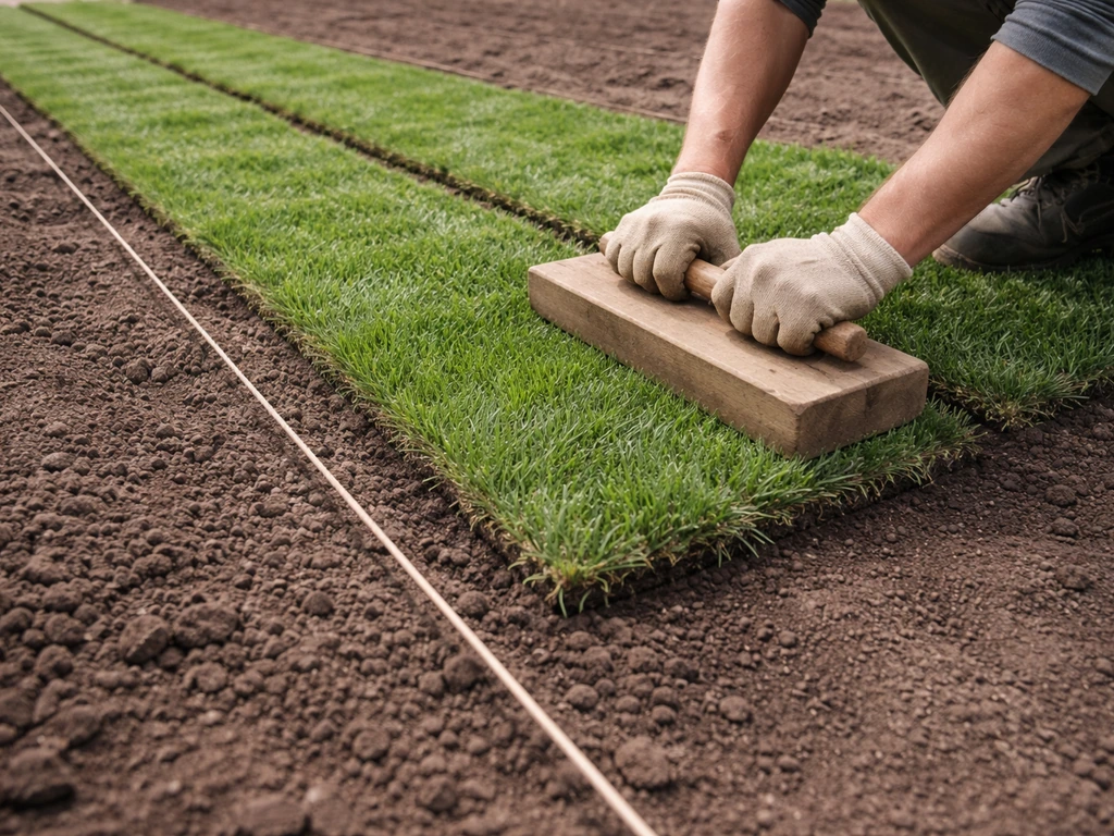 Hand drukt graszoden aan met een wals langs een strak touw voor rechte rijen