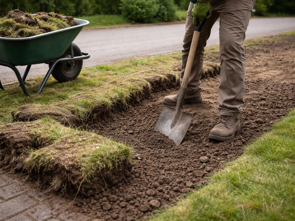 Werkfoto van het uitgraven van een grasveld voor een grasvrije voortuin, met schop en kruiwagen met grond.