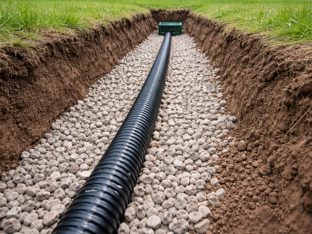 Close-up van een drainagebuis met grind eromheen en afschot richting een afvoerpunt op grondniveau.