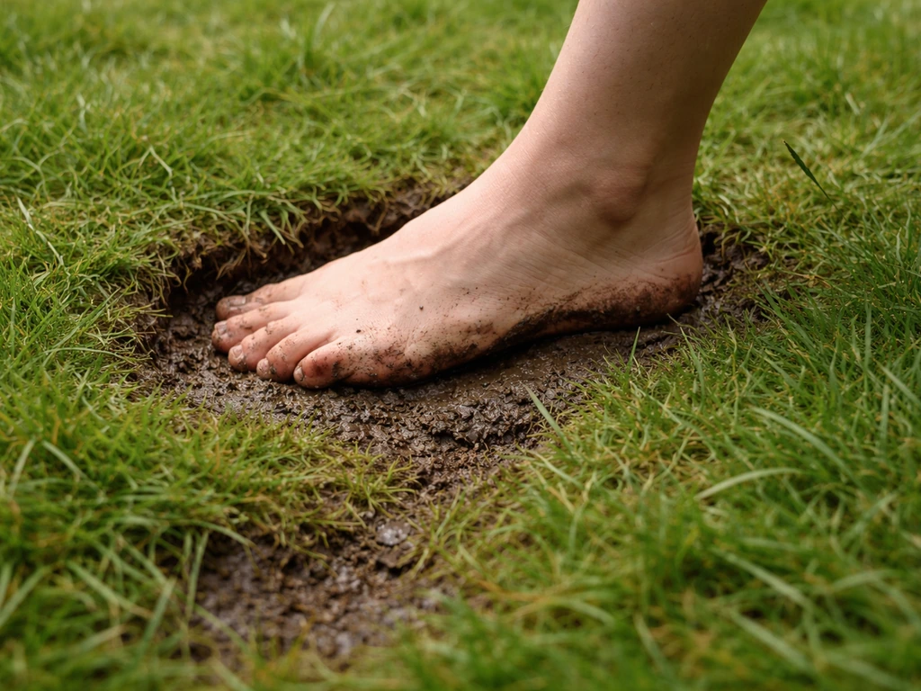 Close-up van ongelijk gras met zichtbare inklinking en een wegzakkende voet op natte grond.