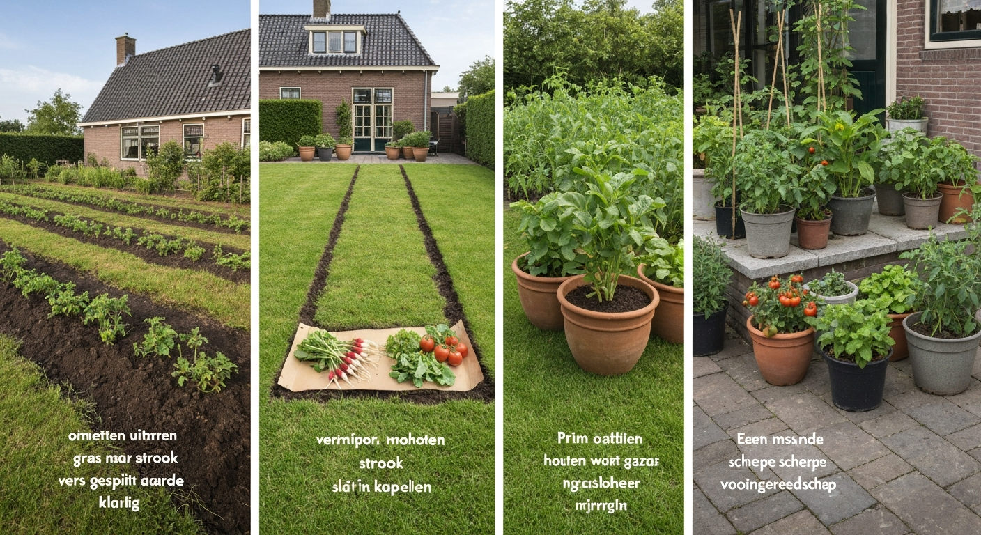 Splitbeeld van een Nederlandse achtertuin met drie aanpakken: grond omgezet, verhoogde bak op gras en containers met groenteplanten