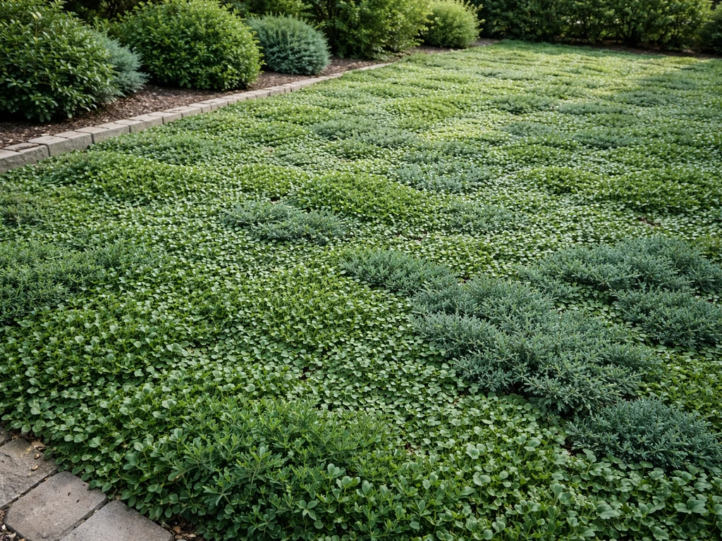 Lage bodembedekkers en vaste planten die een groot, dicht groen vlak afdekken in een tuin, onkruidarm.