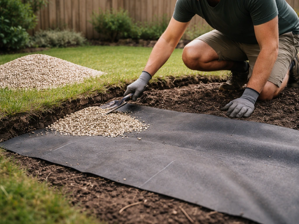 Tuinwerker verwijdert oud gras en legt worteldoek met grindafdeklaag op een kleine gazonstrook