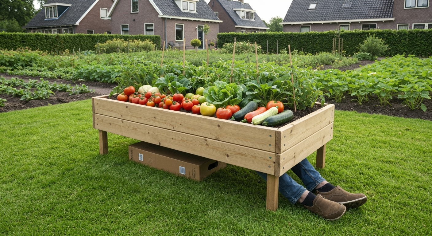 Houten verhoogde moestuinbak met tomaten en sla op gras in een Nederlandse achtertuin; karton zichtbaar onder de bak