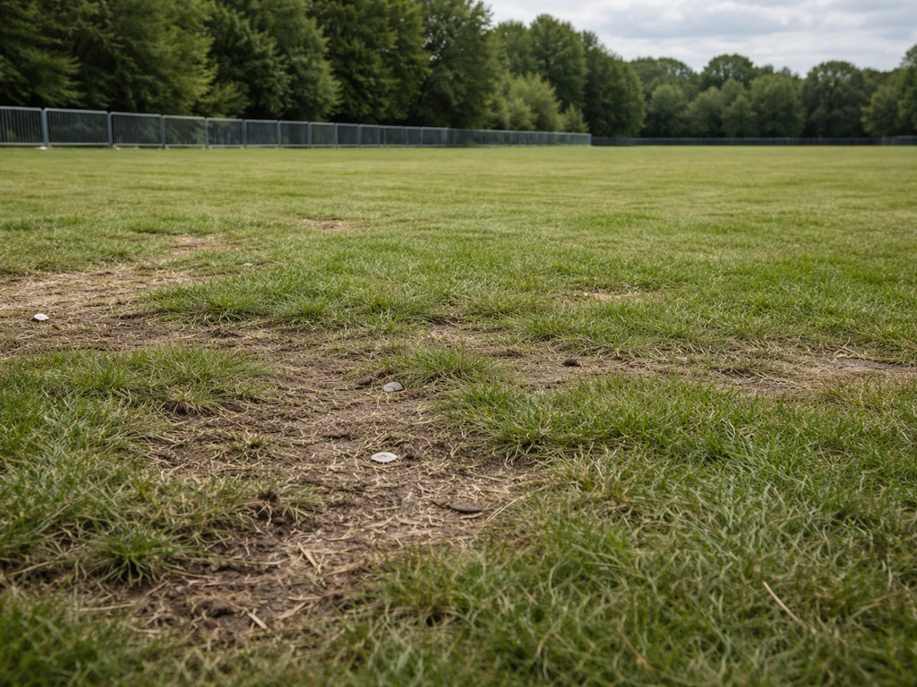 Beschadigd grasveld op festivalterrein in Lepelstraat met open plekken en klaar voor gazonherstel.
