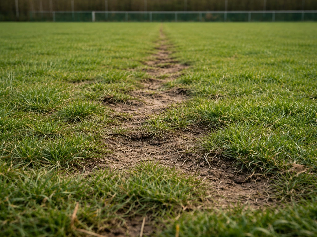 Close-up van een voetbalgrasveld met zichtbare vertrappingsschade en kale plekken, vlak bij het sporthek
