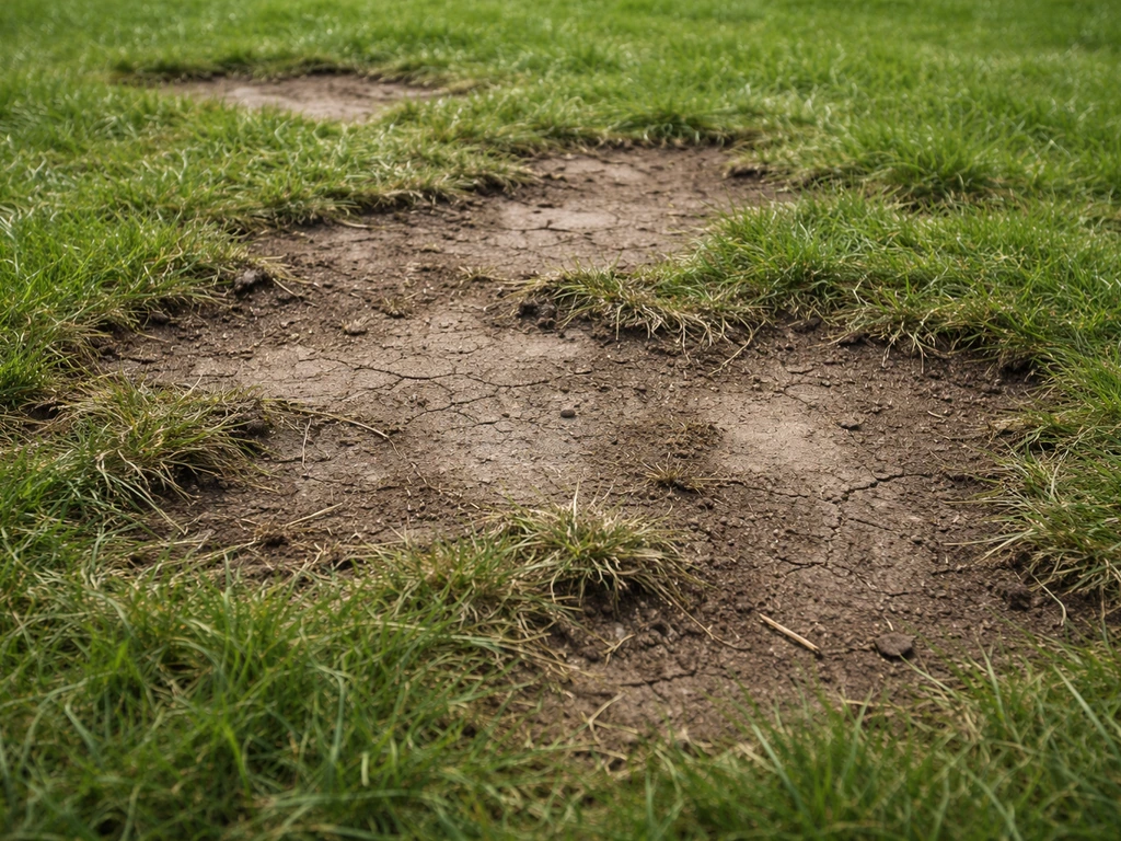 Grasmat met kale plekken en kapotte zode waarbij de ondergrond zichtbaar is