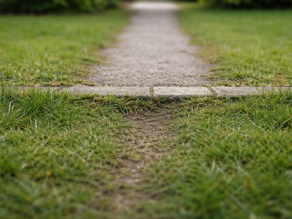 Close-up van een tuinpad over gras met platgelopen gras en rafelige randen bij de overgang naar verharding.