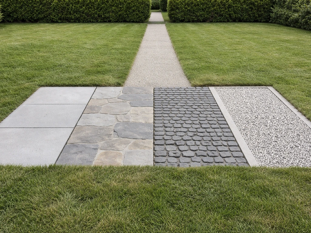 Overzicht van materiaalopties voor een tuinpad door gras, met betontegels, natuursteen, kasseien en grind naast elkaar.